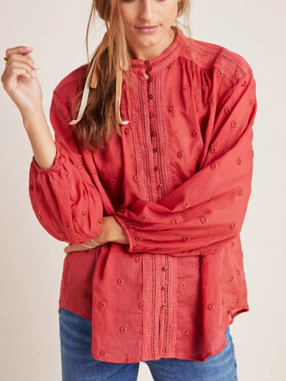 Anthropologie Maeve Auguste Embroidered Lace Blouse Coral Red Large